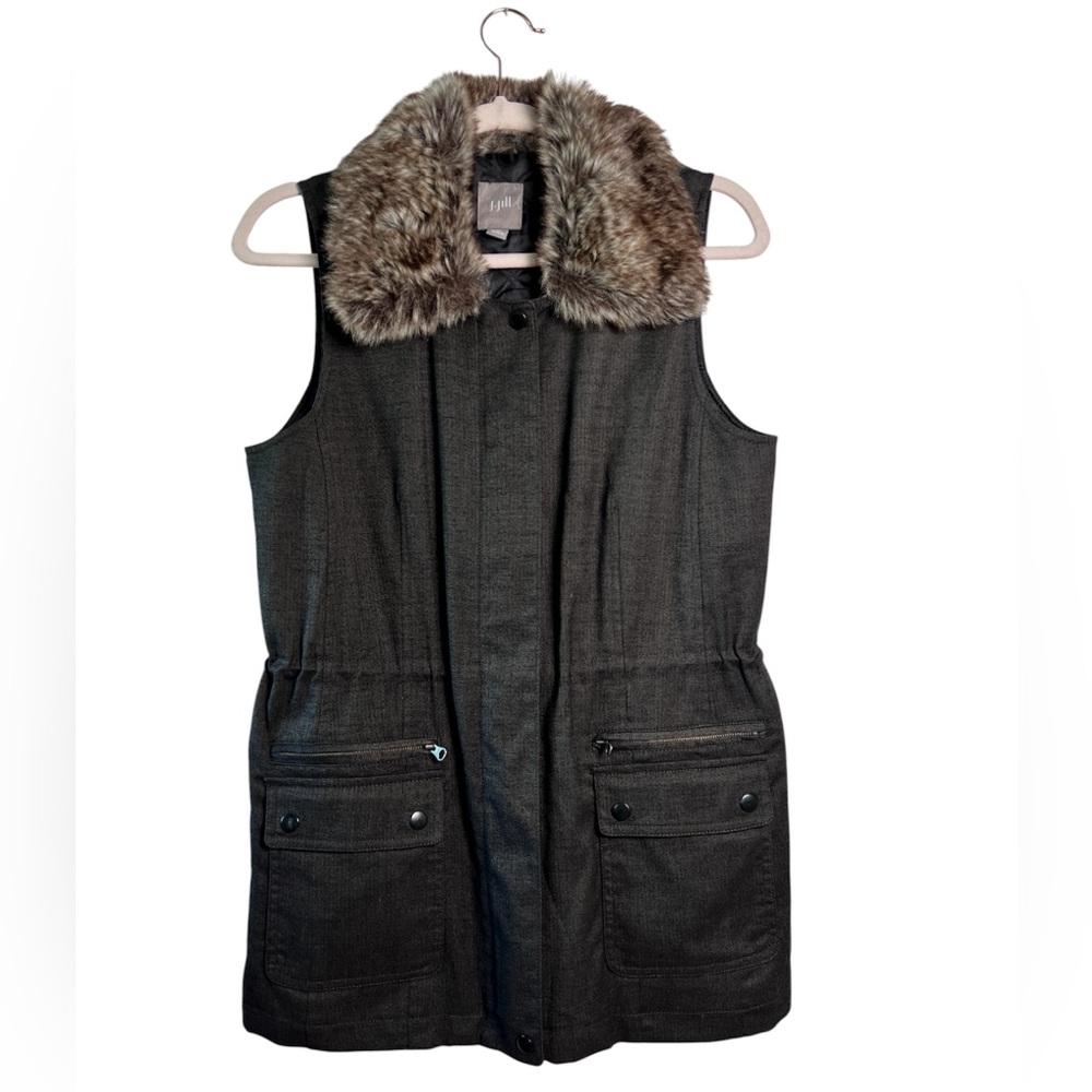 J. Jill Women’s Olive Green‎ Faux Fur Trim Zip Vest Sleeveless Jacket Size XS